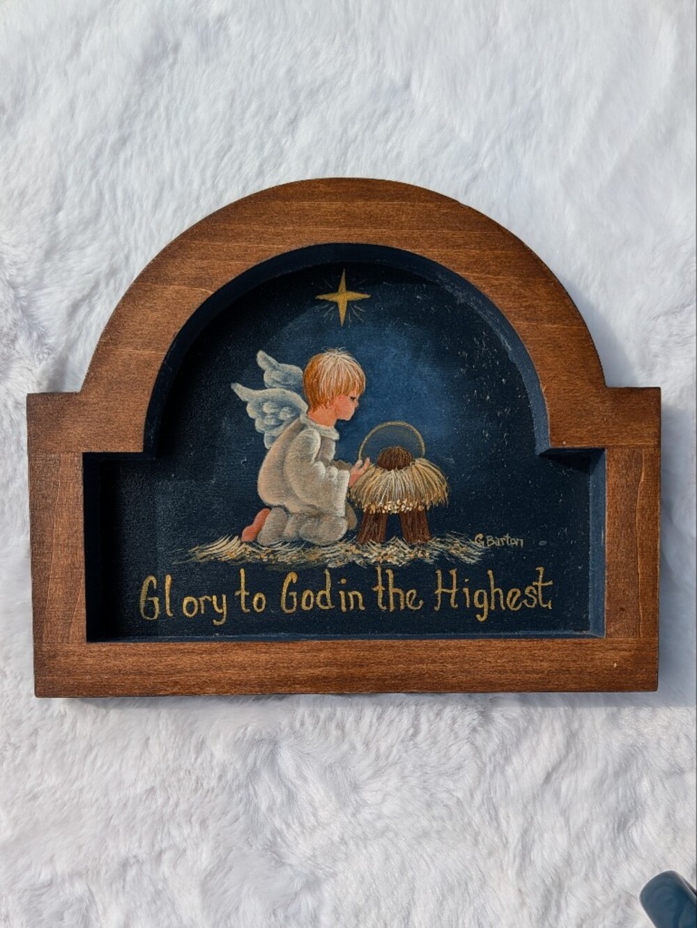 Hand Painted Wood Wall Or Desk Top Plaque Folk Art Vtg Signed Blue  Jesus Xmas